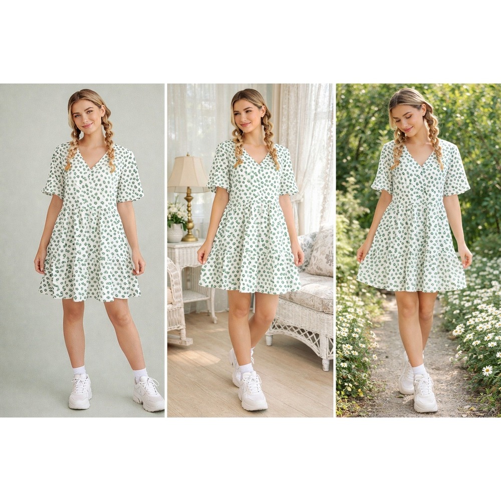 Babydoll Dress Women's 14 White Green Floral Tiered‎ Short Sleeve Boho